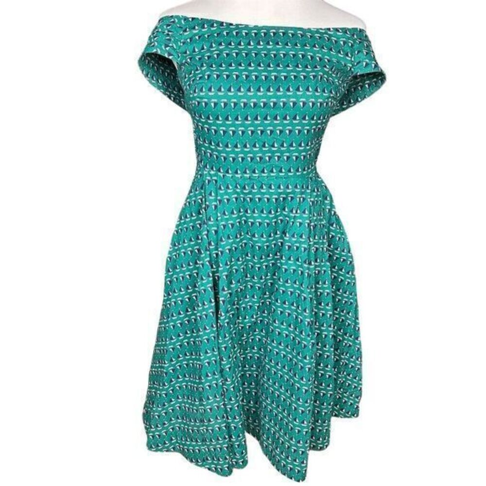 Emily and Fin Women's Green Sailboat Print Off-The-Shoulder Midi Dress‎ Size M